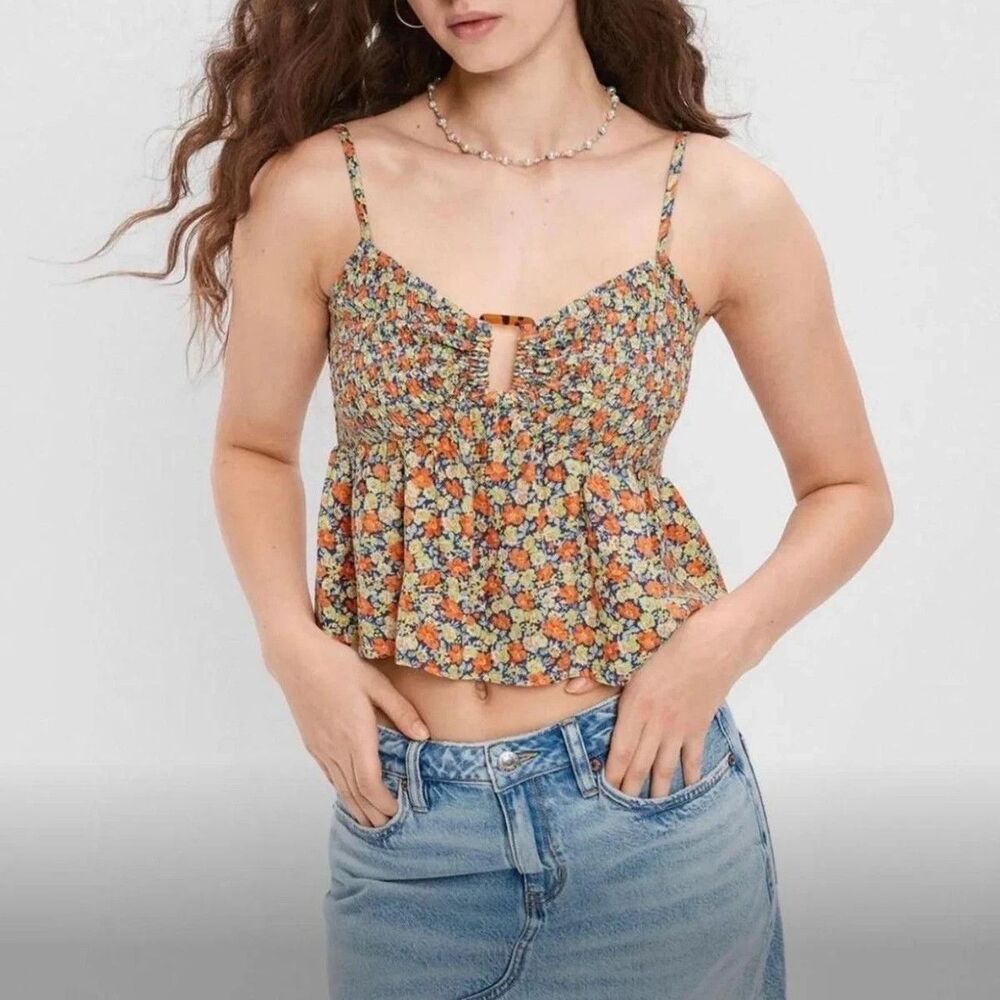 American Eagle Blue Orange Floral Spaghetti Cropped Tank Top Keyhole Sz L